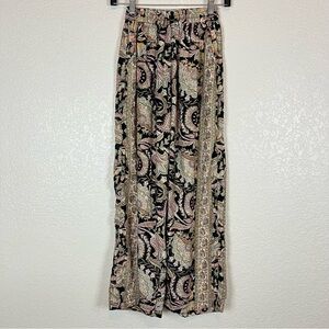 Cienna Black Paisley Boho Print Silk Blend Elastic Waist Wide Leg Pants Small